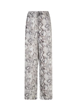 Pantalon à jambes larges en tissu léger avec un motif imprimé serpent dans des nuances de gris et de brun, doté d'une ceinture élastique pour le confort.
