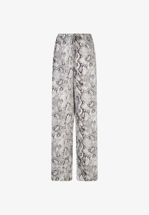 Wijde broekspijpen van een lichtgewicht stof met een slangendessin in grijstinten en bruintinten, voorzien van een elastische tailleband voor comfort.