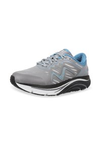 Gray athletic shoe with a textured upper, blue accents, lightweight design, thick white and black sole, and zigzag patterns on the sides.