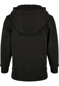 Sudadera negra con capucha hecha de una mezcla de algodón, que presenta una capucha redondeada, puños y dobladillo acanalados. Textura suave sin patrones ni adornos.