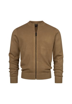 Cardigan marrone con zip, con polsini e orlo a coste, dotato di un piccolo colletto alto, presentato su uno sfondo bianco.
