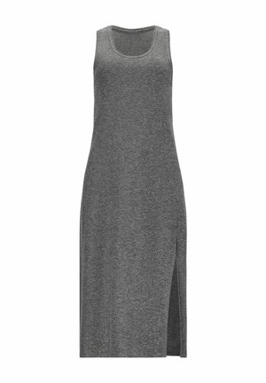 Sleeveless, knee-length dark gray dress with a round neckline and side slit on a white background.