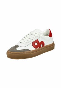 White leather sneaker with red accents and grey suede toe. Thick rubber sole with textured detailing and prominent logo on the side.