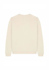 Felpa beige a maniche lunghe con polsini, orlo e scollo a costine, mostrata di spalle su uno sfondo bianco.