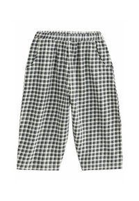 Pantaloni a scacchi con cintura elastica, caratterizzati da un motivo blu navy e bianco, due tasche laterali e un design ampio.