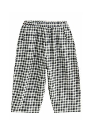 Karierte Hose mit elastischem Bund, die ein navy- und weißes Muster aufweist, zwei Seitentaschen und einen lockeren Schnitt hat.