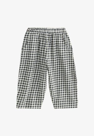Geruite broek met een elastische tailleband, voorzien van een marineblauw en witte print, twee zijzakken en een losse pasvorm.