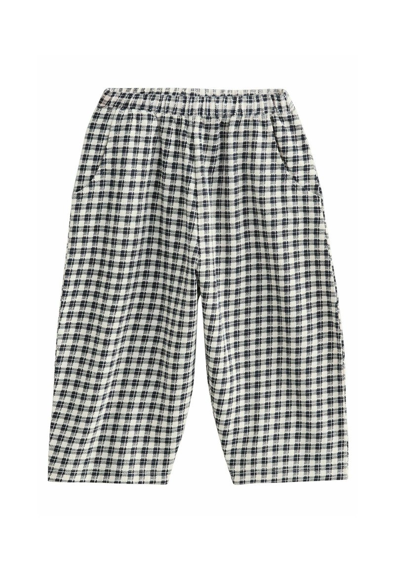 Pantaloni a scacchi con cintura elastica, caratterizzati da un motivo blu navy e bianco, due tasche laterali e un design ampio.