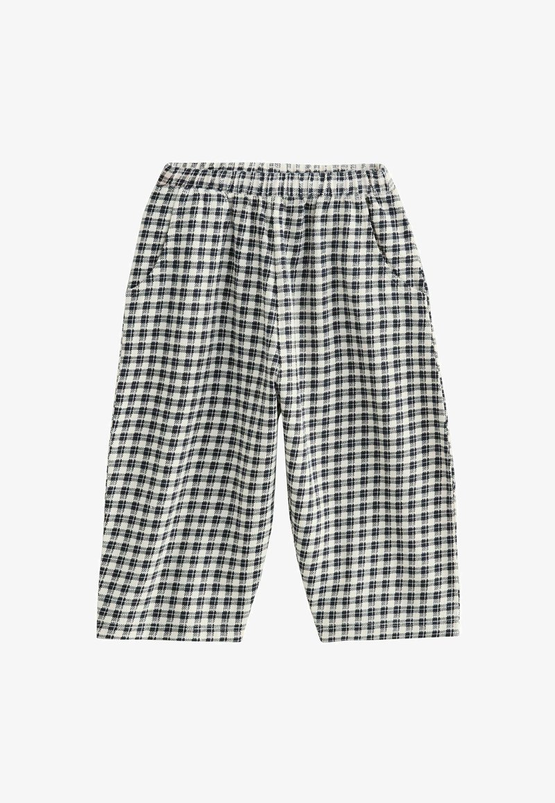 Karierte Hose mit elastischem Bund, die ein navy- und weißes Muster aufweist, zwei Seitentaschen und einen lockeren Schnitt hat.