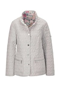 Gepolsterte, hellgraue Jacke mit einem floralen Innenfutter, Druckknopfverschlüssen und zwei Reißverschlusstaschen vorne.
