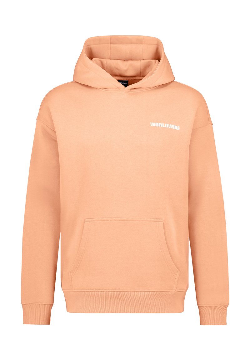 Pfirsichfarbener Hoodie mit frontaler Tasche, gerippten Bündchen und Kapuze mit Kordelzug. Mit weißem "WORLDWIDE"-Text auf der Brust.