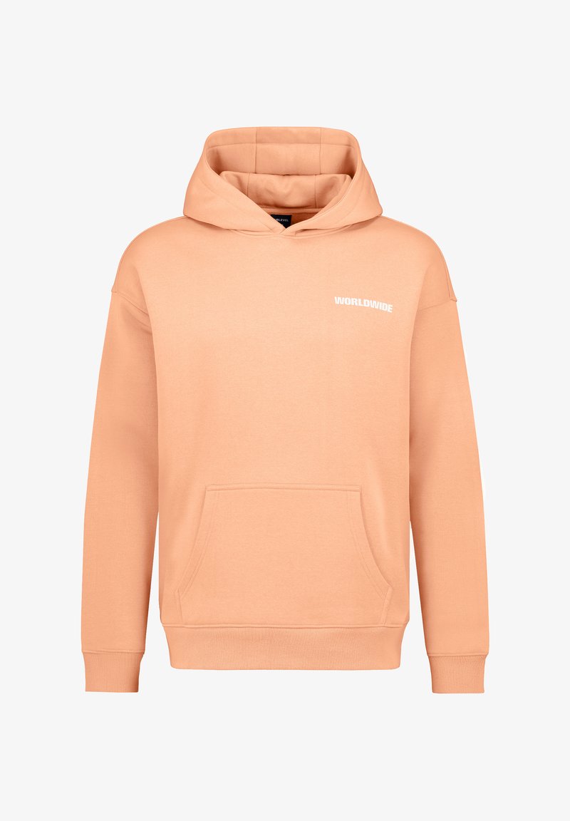 Pfirsichfarbener Hoodie mit frontaler Tasche, gerippten Bündchen und Kapuze mit Kordelzug. Mit weißem "WORLDWIDE"-Text auf der Brust.
