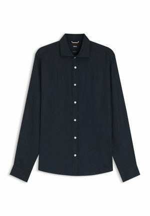 Chemise noire à manches longues avec col, boutons blancs sur le devant et une étiquette BOSS à l'intérieur du col.