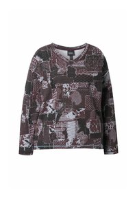 V-hals pullover in bordeaux, grijs en zwart met een patchworkpatroon. Lange mouwen en een gestructureerde stof zorgen voor visuele interesse.