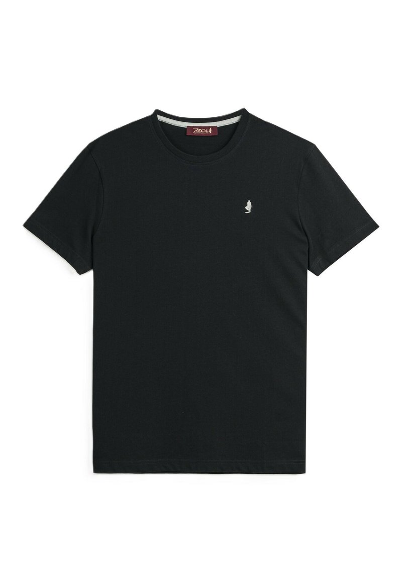 T-shirt in cotone nero con scollatura rotonda, maniche corte e un piccolo logo bianco ricamato sul petto. Tessuto liscio, vestibilità standard.