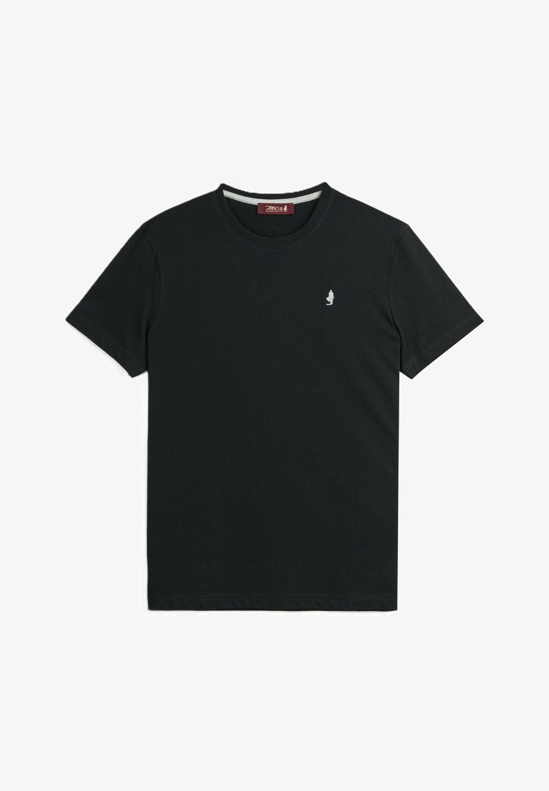 T-shirt in cotone nero con scollatura rotonda, maniche corte e un piccolo logo bianco ricamato sul petto. Tessuto liscio, vestibilità standard.