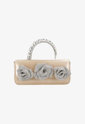 Beżowa satynowa kopertówka z trzema srebrnymi, kryształowymi różami na przodzie oraz rączką ozdobioną przezroczystymi kryształkami.