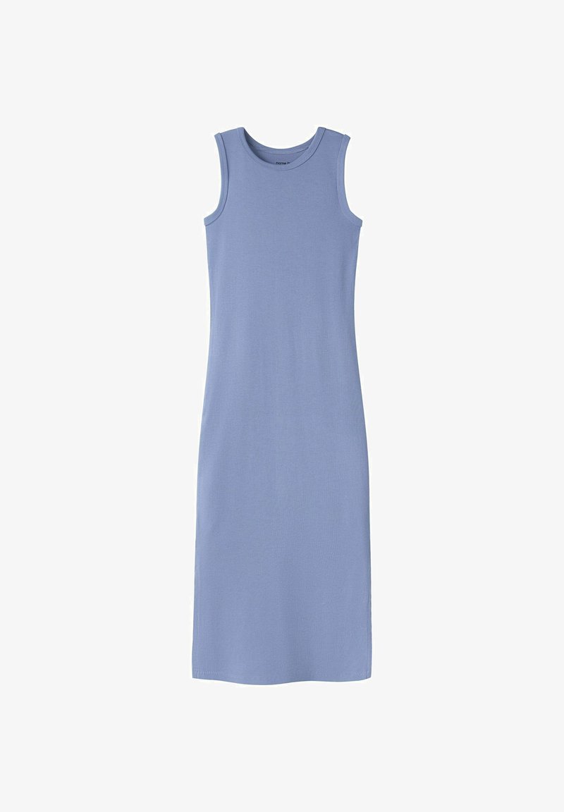 Robe midi côtelée bleu clair sans manches avec un col rond, présentée à plat sur un fond blanc.