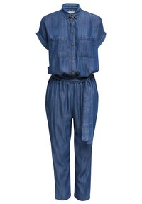 Combinaison en denim à manches courtes, devant boutonné, deux poches poitrine, taille élastique et ceinture en tissu. Dotée d'une coupe fuselée sur les jambes.