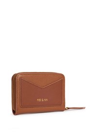 Brown leather wallet with a textured surface, zip closure, and an envelope-style design. Features gold embossed brand name on the front.
