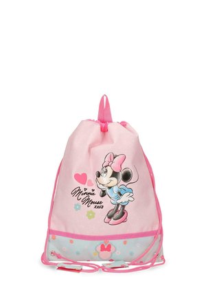 Mochila rosa con cordón que muestra a Minnie Mouse con un vestido azul y un lazo rosa, junto con corazones, flores y el texto "Minnie Mouse xoxo".