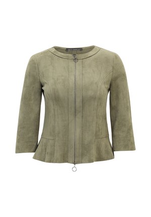 Olive green faux suede jacket with a round neckline, three-quarter sleeves, a zip front with a circular pull, and a flared hemline.
