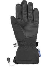 Gants imperméables noirs avec paume en cuir, matériau isolant, poignet élastique et fermeture à cordon pour un ajustement sécurisé. Présente des détails de couture.