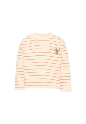 Camicia crema a maniche lunghe con sottili righe orizzontali rosa e una piccola toppa con un cuore e una verdura sul petto.