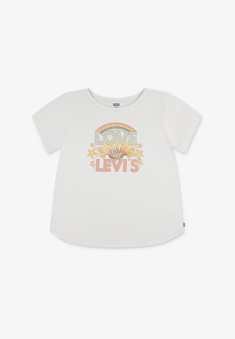 Fehér pamut póló, amelyen egy szivárvány grafika látható, a "LOVE" felirattal pasztell színekben, a "LEVI'S" vastag, korall színű felirat alatt. Rövid ujjú, kerek nyakú.