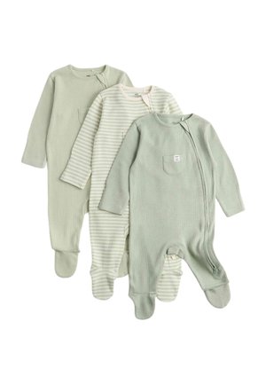 Tre heldragter til baby med lange ærmer i lysegrønne nuancer, en med striber, alle med fod og lynlås foran eller i siden.