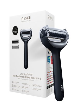 SmartAppGuided Geske MicroNeedle Face & Body Roller med kølebeslag og avancerede hudplejeteknologier, vist med produktemballage.