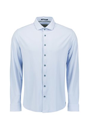 Lichtblauw shirt met lange mouwen gemaakt van gladde stof. Voorzien van een puntige kraag, knopen aan de voorkant en donkerblauwe knoopaccenten.