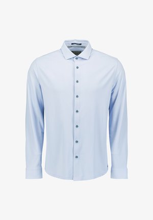 Lichtblauw shirt met lange mouwen gemaakt van gladde stof. Voorzien van een puntige kraag, knopen aan de voorkant en donkerblauwe knoopaccenten.