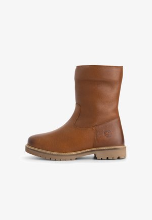 Botte en cuir marron mi-mollet avec semelle en caoutchouc, bout rond, surface texturée et logo en relief sur le côté du talon.