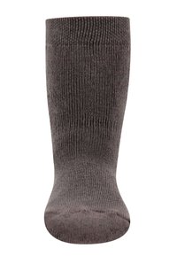 Calzino grigio lavorato a maglia con una texture liscia, forma allungata e area della punta rinforzata. La parte superiore presenta un bordo a costine per una vestibilità sicura.