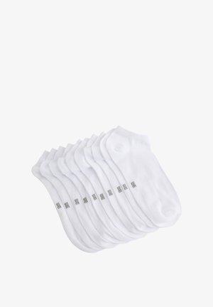 White ankle socks, cotton blend, featuring a ribbed design and a smooth texture. Pack of several pairs with small gray logo accents.