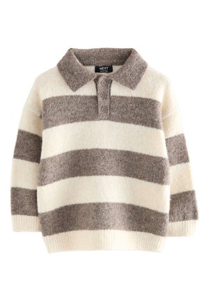 Meki pleteni džemper dugih rukava sa širokim horizontalnim bež i krem prugama, ovratnikom i zakopčavanjem na tri gumba.