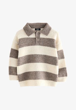 Pull doux en maille à manches longues avec larges rayures horizontales beige et crème, col et patte de boutonnage à trois boutons.