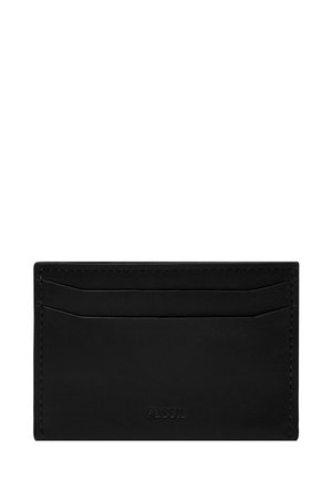 Porte-cartes en cuir noir avec une texture lisse, comportant plusieurs emplacements pour cartes et un logo en relief. Forme rectangulaire, design minimaliste.