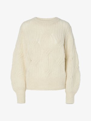 Saldēts adījuma džemperis ofici white krāsā, ar apaļu dekoltē un garām, apjomīgām piedurknēm. Izgatavots no teksturētas dzijas ar maigu apdari.