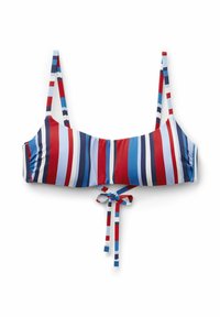 Stanik bikini w paski w kolorach czerwonym, niebieskim i białym, z regulowanymi ramiączkami i wiązanym przodem. Wykonany z gładkiego materiału.