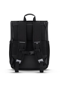 Fekete hátizsák párnázott hálós háttal, állítható pántokkal, felső fogantyúval és cipzárokkal. Visszatükröződő részletekkel és strukturált dizájnnal rendelkezik.