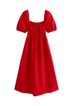 Vestido rojo de longitud a la rodilla con escote cuadrado, mangas abullonadas y cintura elástica, hecho de una tela suave en un color sólido.