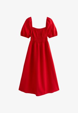 Robe rouge jusqu'aux genoux avec un décolleté carré, des manches bouffantes et une taille élastique, fabriquée dans un tissu lisse de couleur unie.