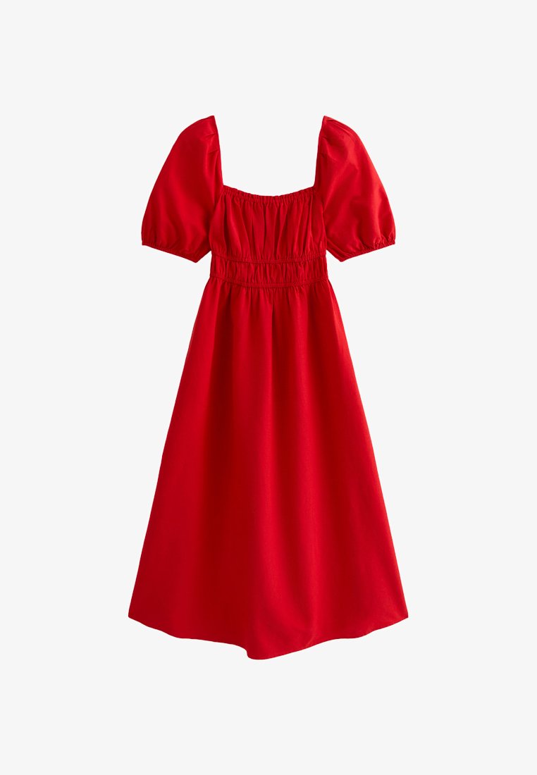 red midi dress puff sleeve Stunning Red Formal Midi Dress with Puff Sleeves and Tailored Fit