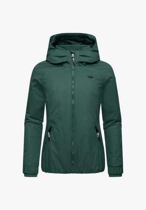 Grøn vandtæt jakke med hætte, lynlåslukning, elastiske manchetter og to sidelommer, med en slank, glat stoftekstur.