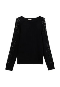 Maglione nero a maniche lunghe con scollatura rotonda e borchie decorative argentate che formano dei motivi lungo le maniche.