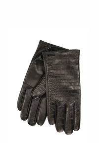 Schwarze Lederhandschuhe mit glatter Textur und Krokodilprägung an einem Handschuh. Mit Knopfverschluss und Nähten für eine gute Passform.