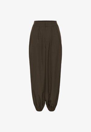 Donkere, high-waist, taps toelopende broek met plooien, zijzakken en elastische, gerimpelde boorden bij de enkels.