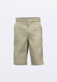 Világosbézs rövidnadrág sima, matt felülettel. Lapos elülső résszel, övbújtatókkal és egy kis logóval az alsó bal szegélyen.